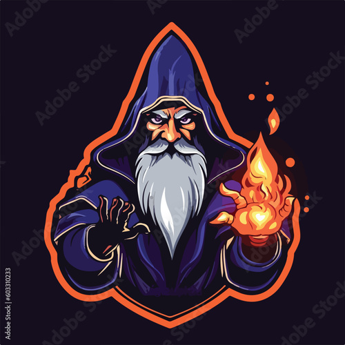 wizard magic fire head e sport logo badge vector illustration