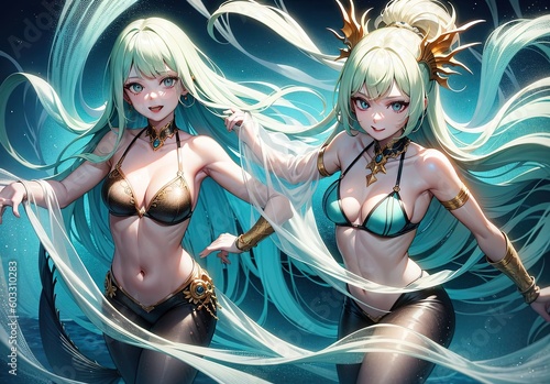 twins mermaid fish tail attractive anime girl manga style illustration generative ai photo