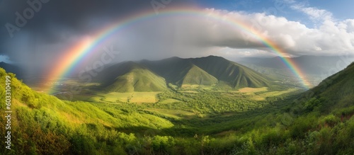 Rainbow appears over a green valley. Generative AI