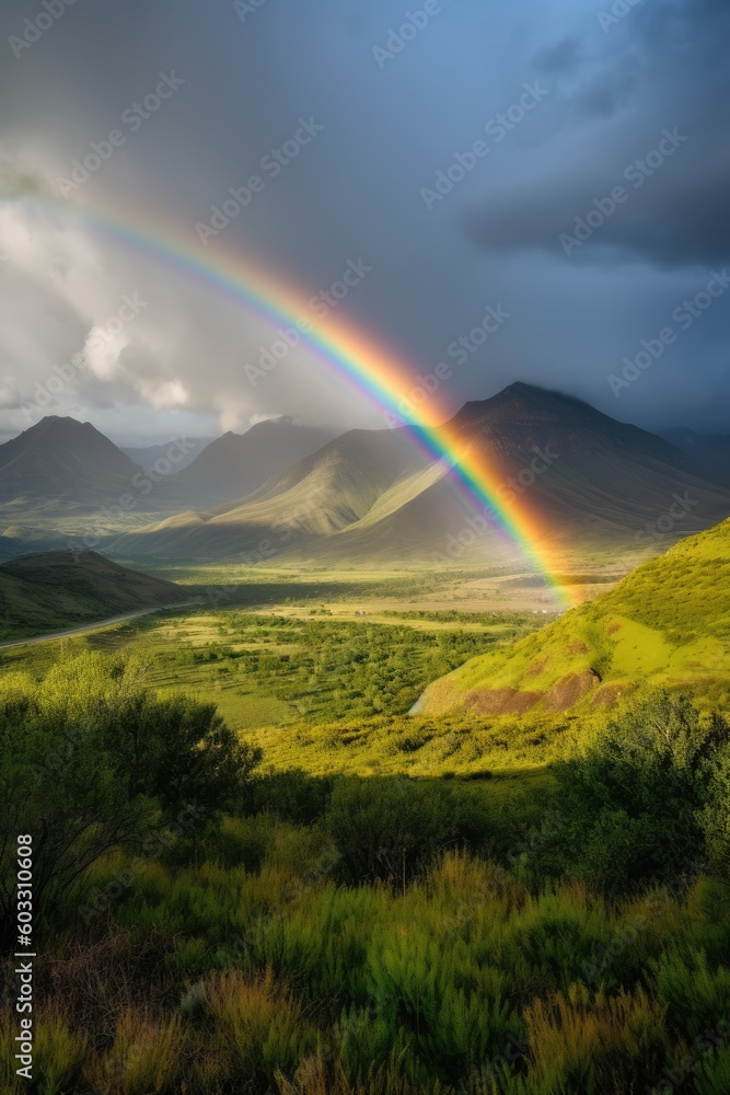 Full rainbow appears over a green valley