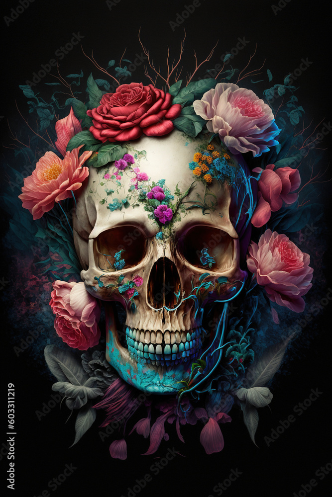 Human skull and flowers on a black background. Day of the dead. AI
