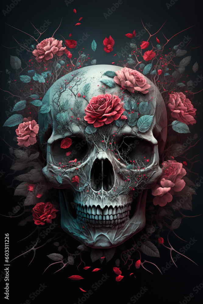 Human skull and flowers on a black background. Day of the dead. AI
