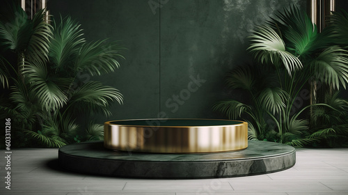 Product display marble podium with tropical leaves on a dark green background. AI 