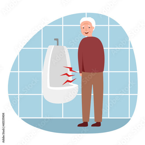Senior man with urinating problem in flat design.