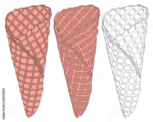 Three waffle cones to illustrate fillings for ice cream or other sweets.