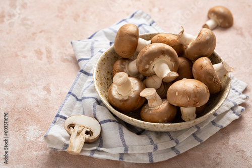 Close up of uncooked mushroom in bowl food
