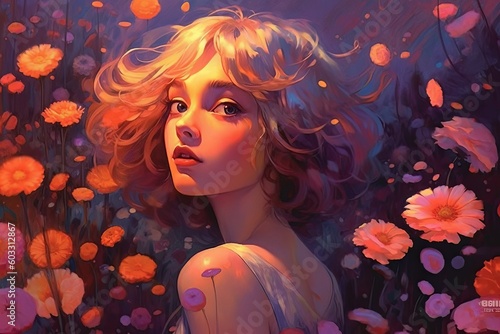Illustration of a beautiful girl with flowers created with Generative AI technology