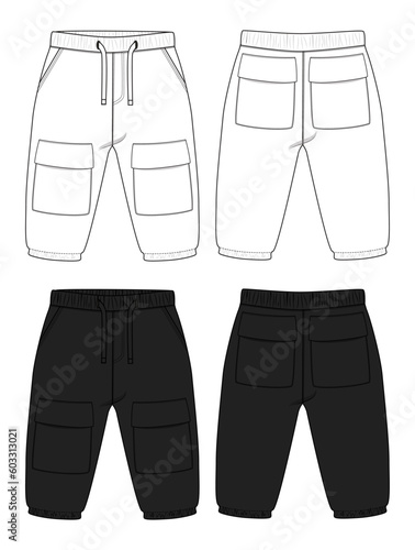 Fleece cotton jersey basic Sweat pant technical drawing fashion flat sketch template front and back views. Apparel jogger pants vector  illustration White and Black color  mock up for kids and boys.