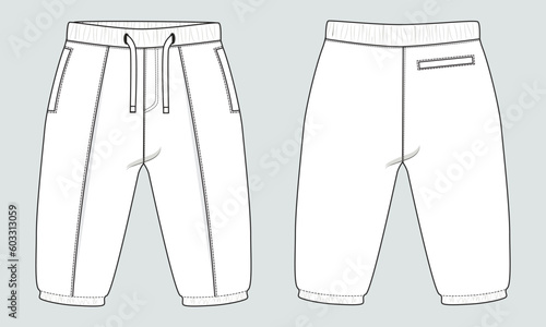 Fleece cotton jersey basic Sweat pant technical drawing fashion flat sketch template front and back views. Apparel jogger pants vector illustration mock up for kids and boys.