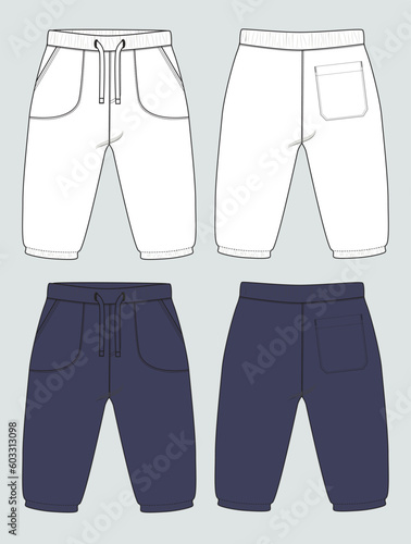 Fleece cotton jersey basic Sweat pant technical drawing fashion flat sketch template front and back views. Apparel jogger pants vector  illustration White and Navy color  mock up for kids and boys.