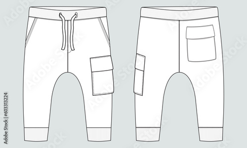 Fleece cotton jersey basic Sweat pant technical drawing fashion flat sketch template front and back views. Apparel jogger pants vector illustration mock up for kids and boys.