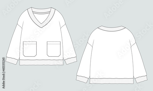 V- neck long sleeve sweatshirt technical drawing fashion flat sketch vector illustration template for women's