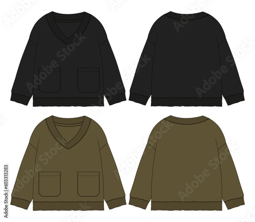 V- neck long sleeve sweatshirt technical drawing fashion flat sketch vector illustration black and green color template for women's isolated on white background