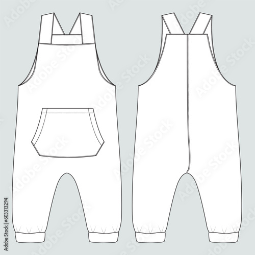 All in one dungaree bodysuit technical drawing fashion flat sketch vector illustration template for kids