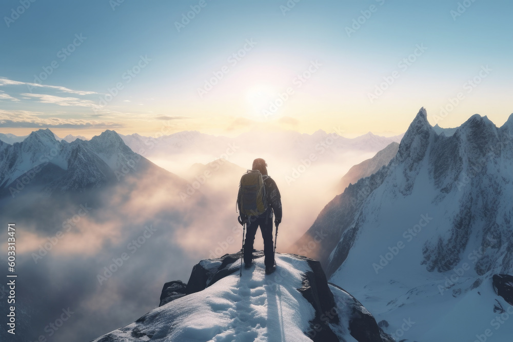 individual standing triumphantly on top of a mountain peak. Overcoming the challenges and reaching the summit is powerful metaphor for successfully achieving one's objectives. Generative AI Technology individual standing triumphantly on top of a mountain peak. Overcoming the challenges and reaching the summit is powerful metaphor for successfully achieving one's objectives. Generative AI Technology