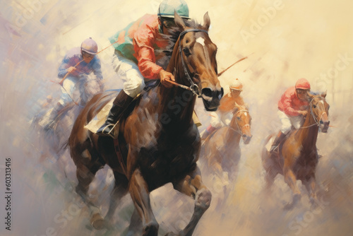 horse rider (jockey) and his steed, leading the pack in a thrilling horse race competition. The drawing captures the excitement of the moment. Generative AI Technology.