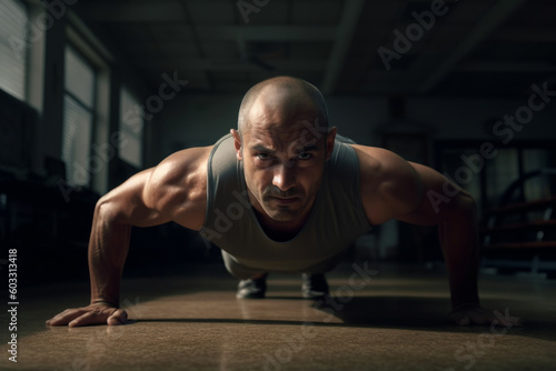 muscular male holding a plank position. The front angle of the photograph captures the man's toned abs, strong arms, and defined chest muscles.. Generative AI Technology.