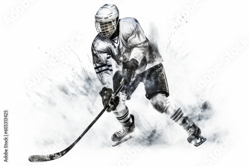 hand-drawn illustration that depicts a skillful ice hockey athlete in action. The sharp lines and monochromatic scheme bring out the energy and intensity of the moment. Generative AI Technology.