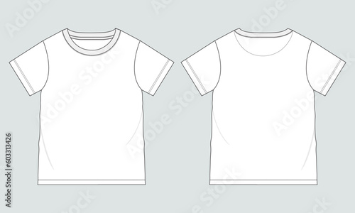 Short sleeve Basic T-shirt technical fashion flat sketch vector Illustration template front and back views. Basic apparel Design Mock up for Kids and boys.