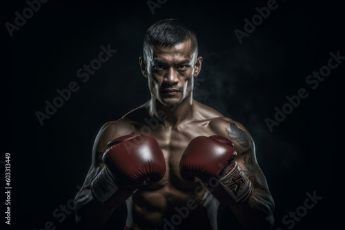 Close-up photograph of a strong and determined Asian man with boxing gloves, looking directly into the camera. The portrait highlights the features of the boxer's face. Generative AI Technology. © vefimov
