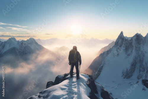 individual standing triumphantly on top of a mountain peak. Overcoming the challenges and reaching the summit is powerful metaphor for successfully achieving one's objectives. Generative AI Technology