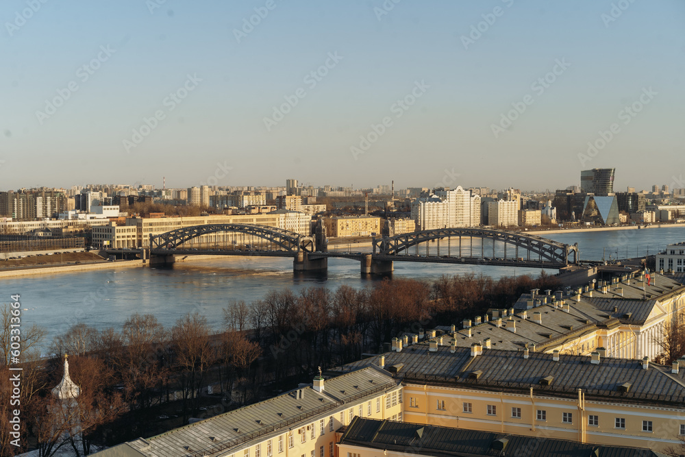 Obraz premium aerial view of saint petersburg. bolsheokhtinsky bridge, Neva river and roof tops on summer evening
