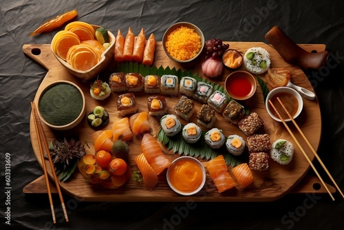 Set of delicious sushi on a wooden board. Generative AI.
