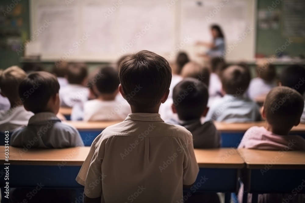 elementary school, group of school kids seated and listening to their teacher in the classroom