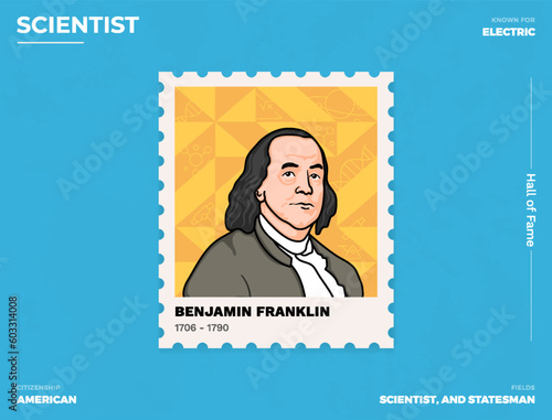 Benjamin Franklin Inventor's Postcard Creative Ticket (Stamp) Design with Informative Details-vector illustration