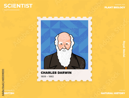 Charles Darwin Inventor's Postcard Creative Ticket (Stamp) Design with Informative Details-vector illustration photo