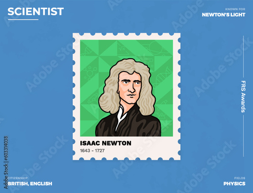 Isaac Newton Inventor's Postcard Creative Ticket (Stamp) Design with Informative Details-vector illustration