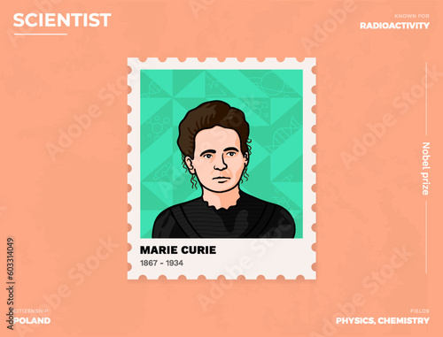 Marie Curie Inventor's Postcard Creative Ticket (Stamp) Design with Informative Details-vector illustration