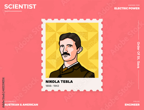 Nikola Tesla Inventor's Postcard Creative Ticket (Stamp) Design with Informative Details-vector illustration