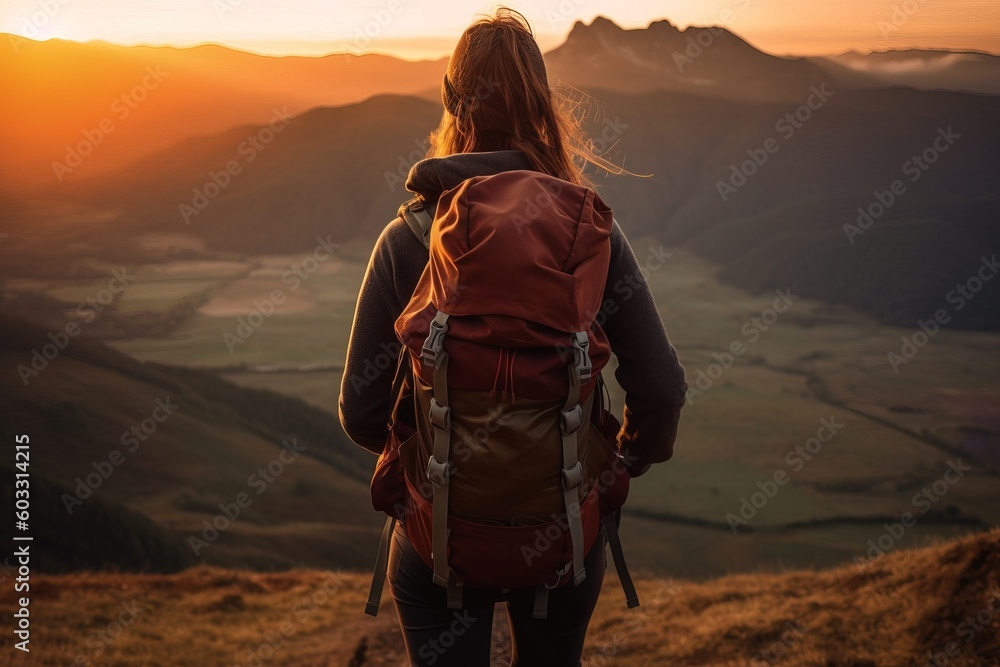Woman hiking stands on a mountain and stretches out her arms and looks down into the valley. Freedom 