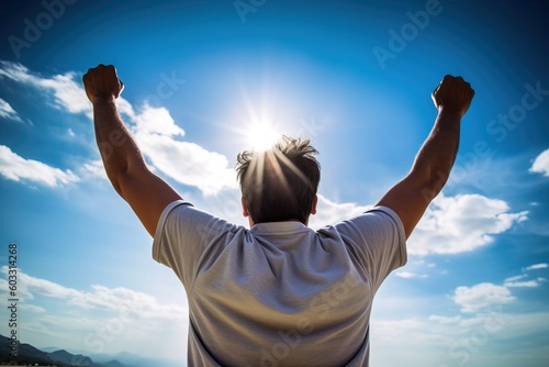 Back view of happy excited man raising arms up to blue sky back truned to the camera