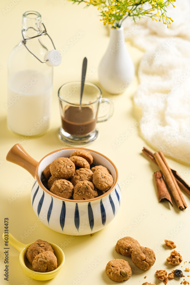 cookies in bowl with choco milk on the table