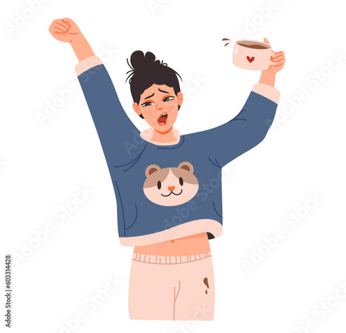 The young woman yawns and stretches. Morning routine. A girl drinks coffee in her pajamas. Flat cartoon vector illustration.
