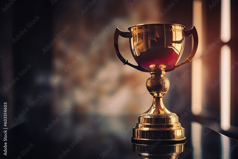 Golden Triumph. Trophy on Blurred Background of Success. Generative AI illustrations. Golden Triumph. Trophy on Blurred Background of Success. Generative AI illustrations.