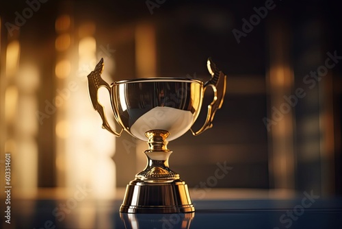 Golden Triumph. Trophy on Blurred Background of Success. Generative AI illustrations.