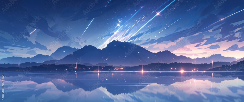 A shooting star. Shooting Star Comets Rain Down from Outer Space Night Sky Heavens. in the anime style, illustration. Generative AI	
