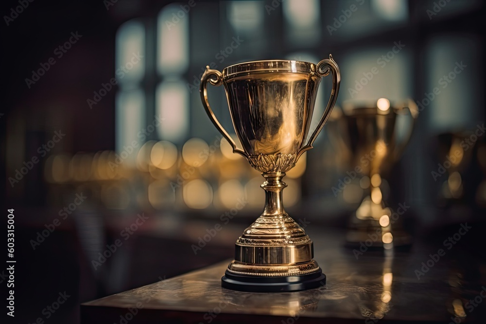 Golden Triumph. Trophy on Blurred Background of Success. Generative AI illustrations. Golden Triumph. Trophy on Blurred Background of Success. Generative AI illustrations.