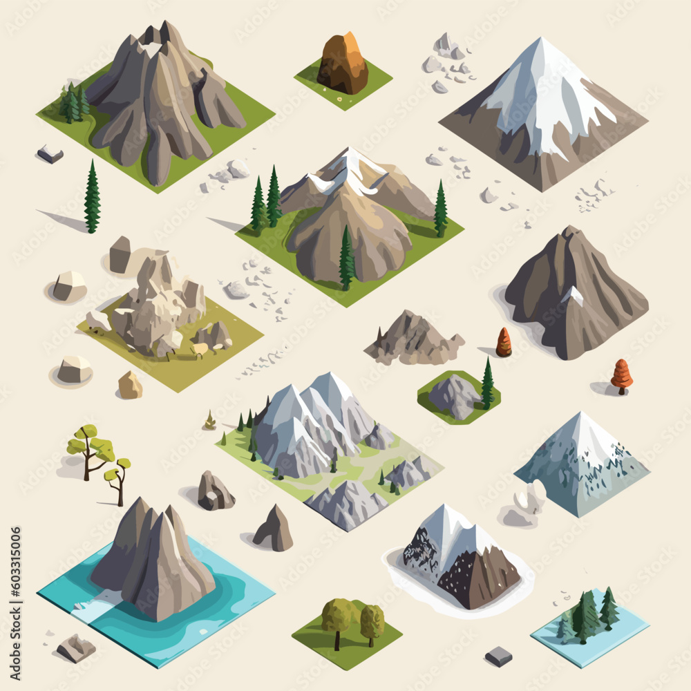 Mountains tiles collection isometric isolated on white - obrazy, fototapety, plakaty 