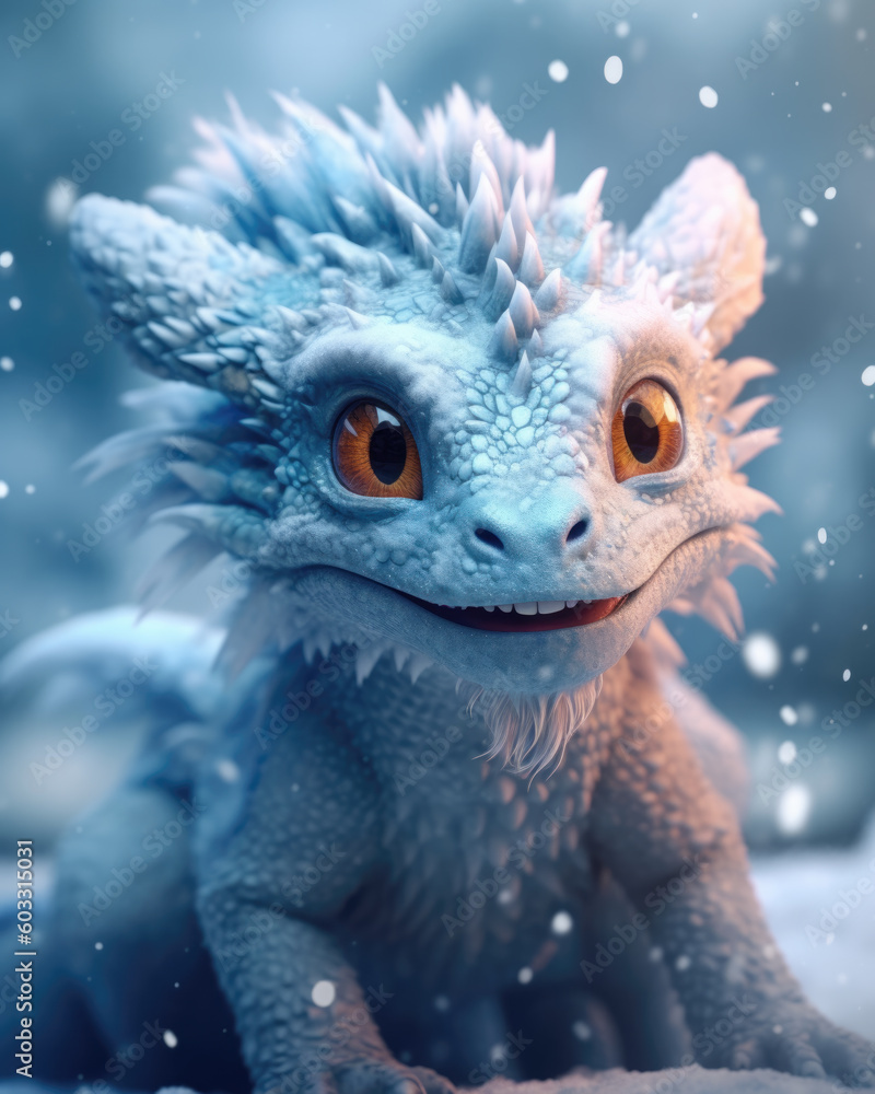 Obraz premium Cute baby frosty dragon in the snow. Generative AI.