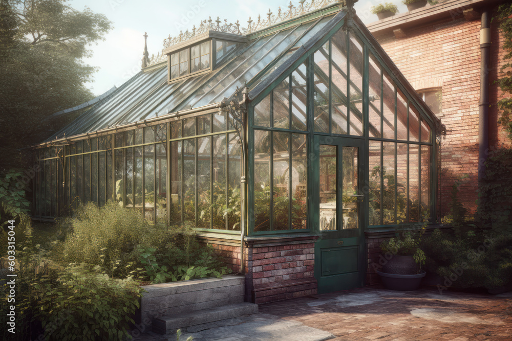 An old Victorian greenhouse in the mansion's garden. Photorealistic illustration generative AI. An old Victorian greenhouse in the mansion's garden. Photorealistic illustration generative AI.