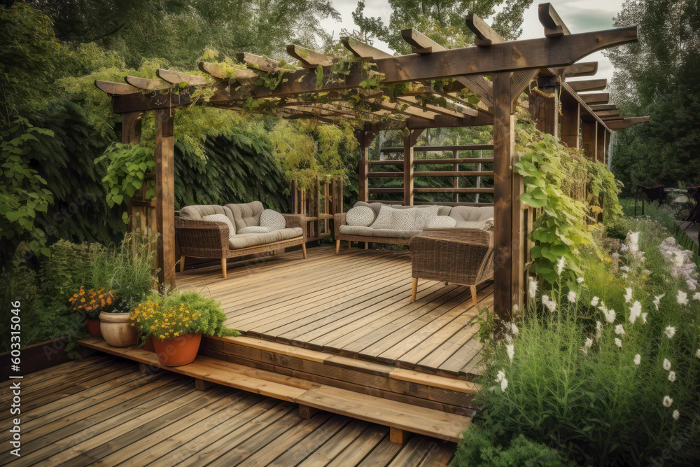 Wooden pergola in the garden. Photorealistic illustration generative AI. Wooden pergola in the garden. Photorealistic illustration generative AI.