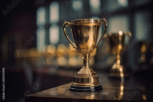 Golden Triumph. Trophy on Blurred Background of Success. Generative AI illustrations.