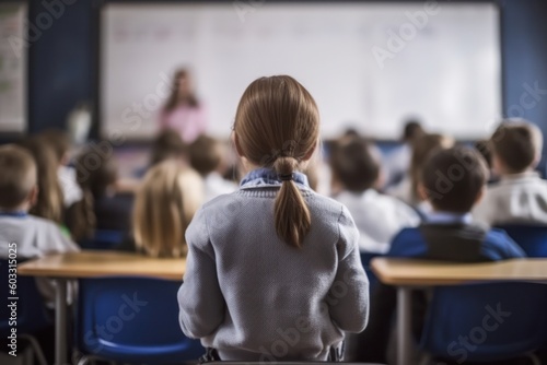 In the class room of a primary school, children learning activities with teacher view from back