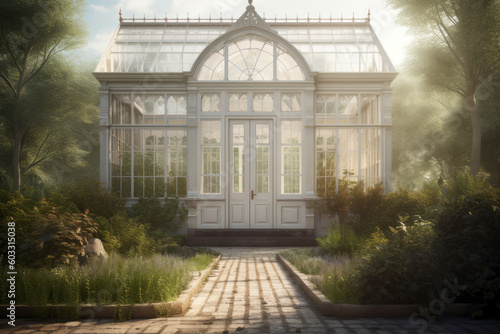 An old Victorian greenhouse in the mansion's garden. Photorealistic illustration generative AI.
