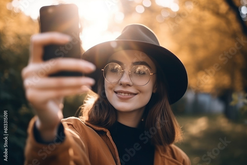 Beautiful young woman in a hat takes a selfie in the autumn park. Photorealistic illustration generative AI.