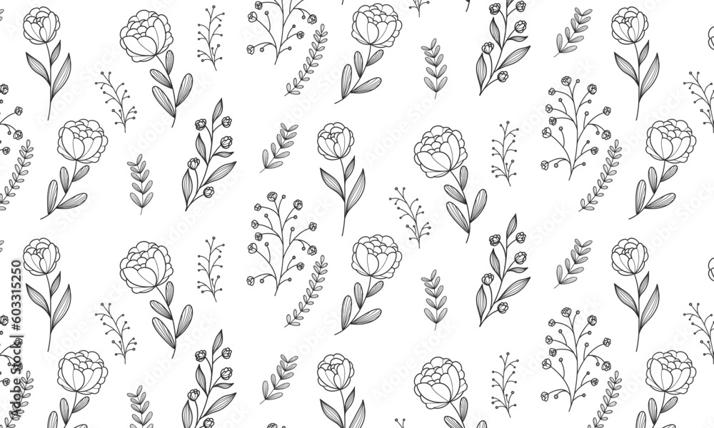 minimalistic seamless pattern with flowers and leaves